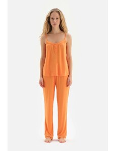 Dagi Orange Strap Button Detailed Viscose Pajama Set