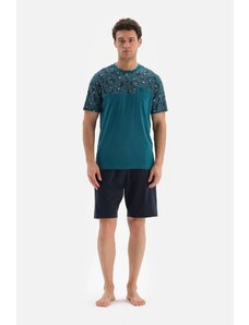 Dagi Petrol Green Crescent Neck Patterned Shorts with Garnish and Pajamas Set