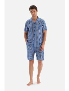 Dagi Blue Shirt Collar Striped Shorts Woven Pajamas Set