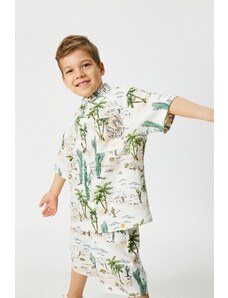 Koton Boys' Short Sleeve Cactus Pattern Single Pocket Linen Shirt 3skb60088tw