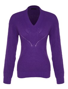 Trendyol fialový prolamovaný/perforovaný pletený svetr s výstřihem do V