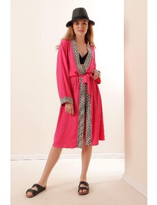 Bigdart 5865 Embroidered Knitted Long Kimono - Fuchsia