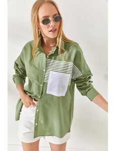 Olalook Mildew Green Pocket Detailed Oversize Woven Shirt