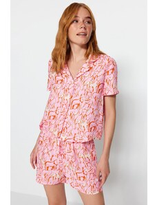 Trendyol Pink Viscose Animal Patterned Shirt-Shorts Woven Pajama Set