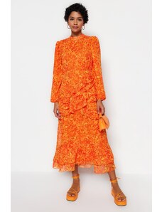 Trendyol oranžová květinová sukně volánková lemovaná tkaná šifonová šaty