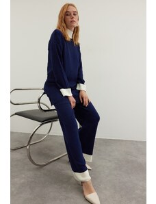 Trendyol Navy Blue High Neck Color Block Ribbed Sweater-Pants Knitwear Suit