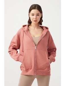 LOS OJOS Women's Pale Pink Hooded Oversize Raised Zipper Knitted Sweatshirt