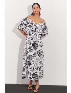 Cool & sexy Dámské Bílo-černé Volánky Přední zadní V vzorované midi šaty