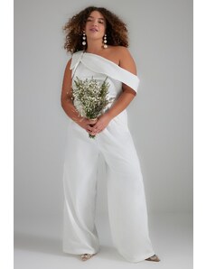 Trendyol Curve White One-Shoulder Weave Bridal Overalls With Bow