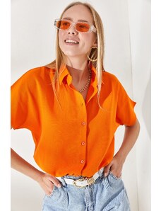 Olalook Women's Orange Bat Oversize Linen Shirt