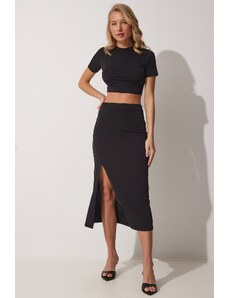 Happiness İstanbul Women's Black Crop Slit Pencil Skirt Set
