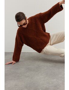 Trendyol hnědý široký střih s měkkým texturovaným pleteným svetrem
