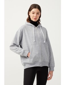 LOS OJOS Women's Melange Gray Hooded Oversized Rayon Zipper Knitted Sweatshirt.