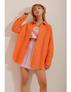 Trend Alaçatı Stili Women's Orange Oversize Linen Shirt