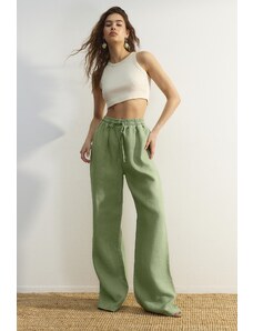 Trendyol Green 100% lněné kalhoty s vysokým pasem a širokými nohavicemi s elastickým pasem.