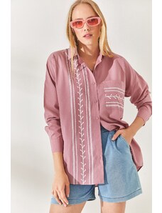 Olalook Dried Rose Pocket Detailed Printed Woven Shirt