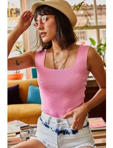 Olalook Women's Candy Pink Wide Straps Summer Knitwear Blouse