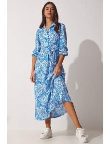 Happiness İstanbul Women's Blue Patterned Long Summer Knitted Shirt Dress