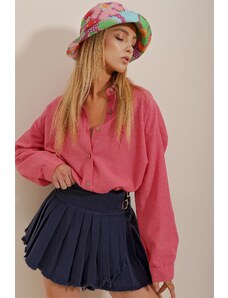 Trend Alaçatı Stili Women's Fuchsia Oversized Linen Shirt