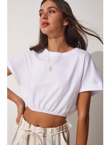 Happiness İstanbul Women's White Crop T-Shirt with Elastic Waist