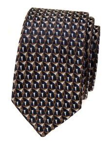 Avantgard Tmavě modrá luxusní pánská slim kravata se zlatým vzorem