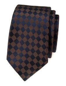 Avantgard Hnědá luxusní pánská slim kravata s tmavě modrou šachovnicí