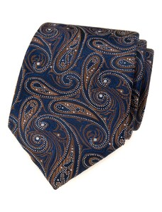 Avantgard Tmavě modrá luxusní pánská kravata s hnědým vzorem