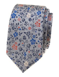Avantgard Světle šedá luxusní pánská slim kravata s barevnými květy