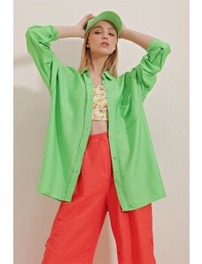Trend Alaçatı Stili Women's Green Single Pocket Oversize Cotton Linen Shirt
