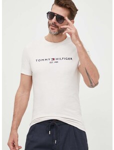 Bavlněné tričko Tommy Hilfiger béžová barva, s aplikací