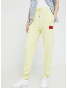 Kalhoty HUGO dámské, žlutá barva, hladké