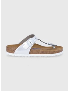 Kožené žabky Birkenstock Gizeh dámské, stříbrná barva, na plochém podpatku, 1003675-Silver