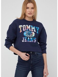 Bavlněná mikina Tommy Jeans dámská, tmavomodrá barva, s potiskem