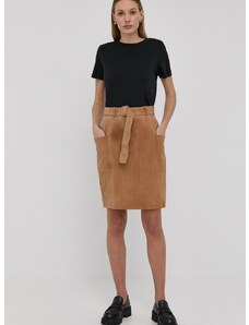 Kožená sukně BOSS béžová barva, mini, jednoduchý