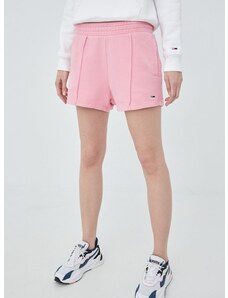 Bavlněné šortky Tommy Jeans dámské, růžová barva, hladké, high waist