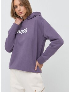 Bavlněná mikina BOSS dámská, fialová barva, s kapucí, s potiskem, 50468367