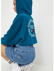 Mikina Tommy Jeans dámská, tyrkysová barva, s aplikací