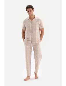 Dagi Beige Shirt Collar Checked Woven Pajamas Set