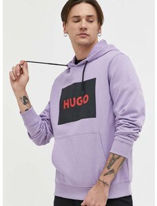 Bavlněná mikina HUGO pánská, fialová barva, s kapucí, s potiskem