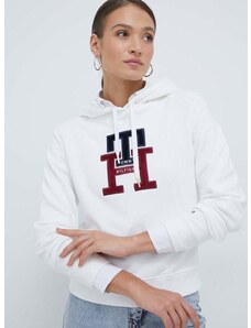 Bavlněná mikina Tommy Hilfiger dámská, bílá barva, s kapucí, s aplikací