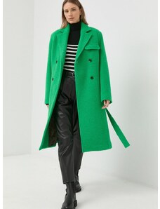 Vlněný kabát Samsoe Samsoe Milena zelená barva, přechodný, dvouřadový