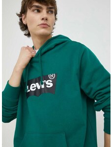 Bavlněná mikina Levi's pánská, zelená barva, s kapucí, s potiskem