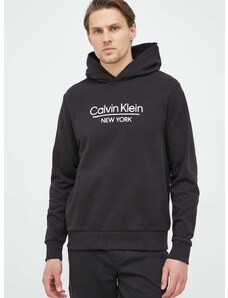 Bavlněná mikina Calvin Klein pánská, černá barva, s kapucí, vzorovaná