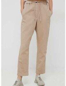 Kalhoty s příměsí lnu Tommy Hilfiger béžová barva, high waist