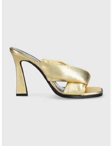 Kožené pantofle Pinko Corinne dámské, zlatá barva, na podpatku
