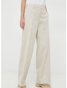 Plátěné kalhoty Calvin Klein béžová barva, široké, high waist
