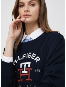 Bavlněná mikina Tommy Hilfiger dámská, tmavomodrá barva, s aplikací