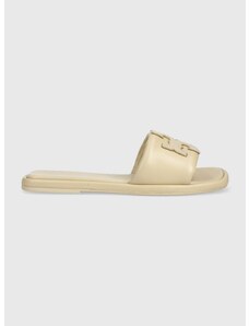 Kožené pantofle Tory Burch 79985-200 dámské, béžová barva, Double T Sport Slide