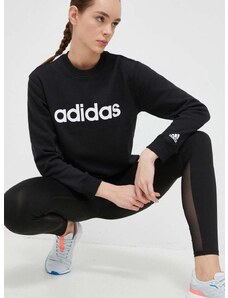 Bavlněná mikina adidas dámská, černá barva, s potiskem, IC6878