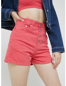 Džínové šortky Tommy Jeans dámské, růžová barva, hladké, high waist